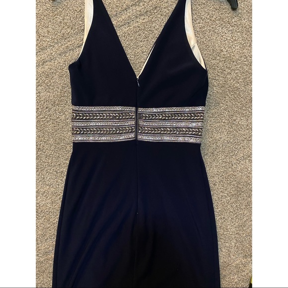Xscape Beaded Plunge Gown - Navy & Silver - Picture 7 of 12